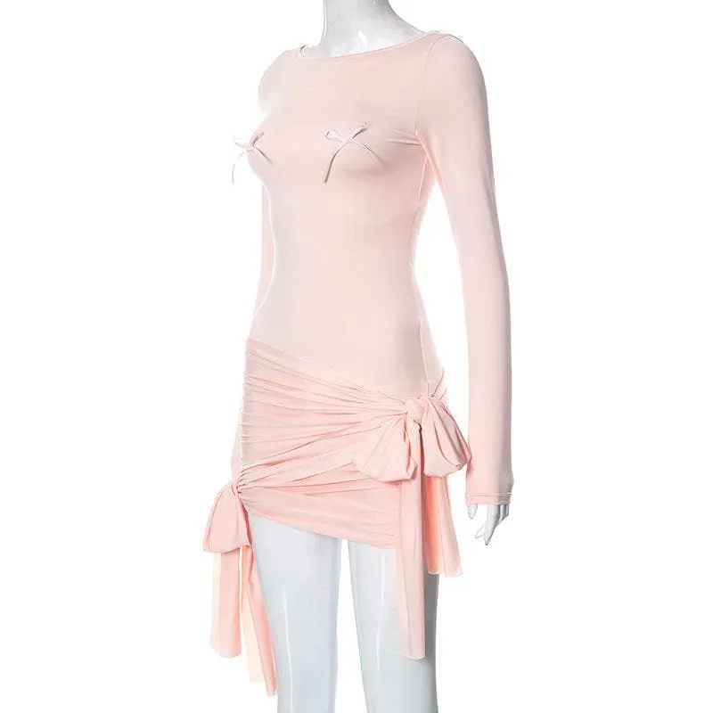 BerriesJam - Bowknot Solid Patchwork Long Sleeve Self Tie Mini Dress