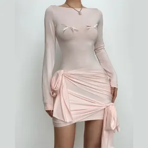 BerriesJam - Bowknot Solid Patchwork Long Sleeve Self Tie Mini Dress