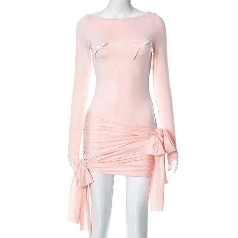 BerriesJam - Bowknot Solid Patchwork Long Sleeve Self Tie Mini Dress