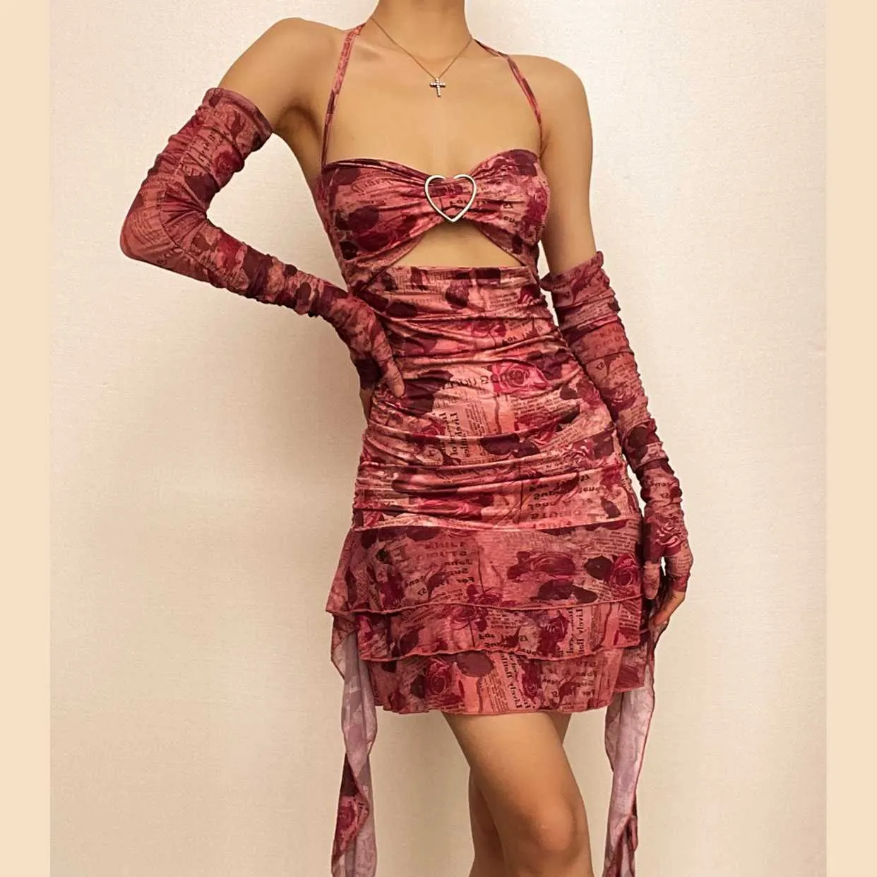 BerriesJam - Flower Print Contrast Gloves Buckle Halter Backless Ruffle Mini Dress