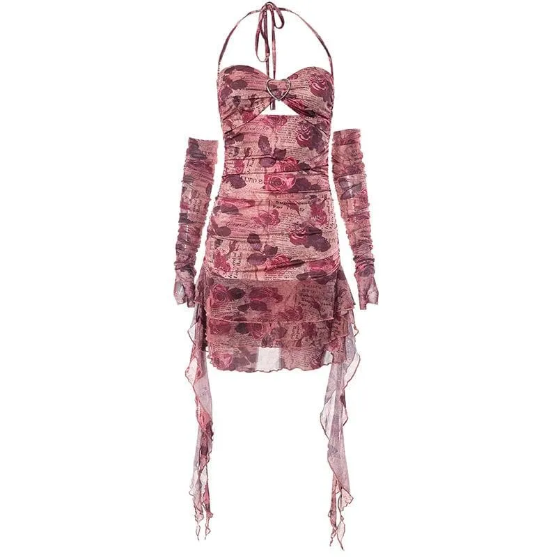 BerriesJam - Flower Print Contrast Gloves Buckle Halter Backless Ruffle Mini Dress