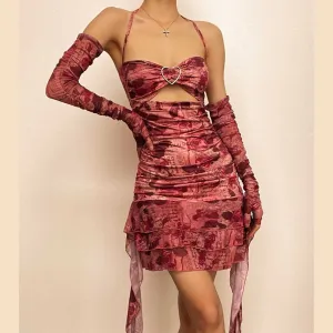 BerriesJam - Flower Print Contrast Gloves Buckle Halter Backless Ruffle Mini Dress
