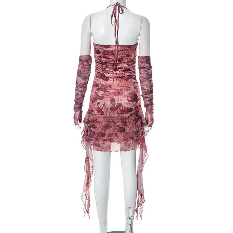 BerriesJam - Flower Print Contrast Gloves Buckle Halter Backless Ruffle Mini Dress