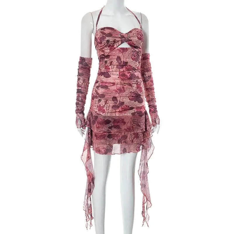 BerriesJam - Flower Print Contrast Gloves Buckle Halter Backless Ruffle Mini Dress