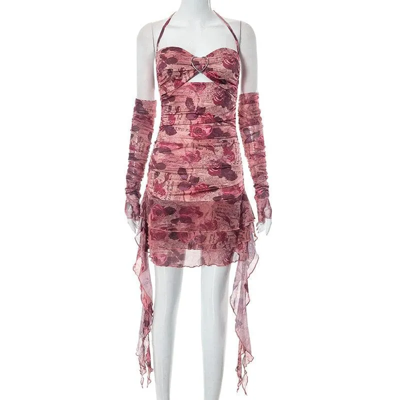 BerriesJam - Flower Print Contrast Gloves Buckle Halter Backless Ruffle Mini Dress
