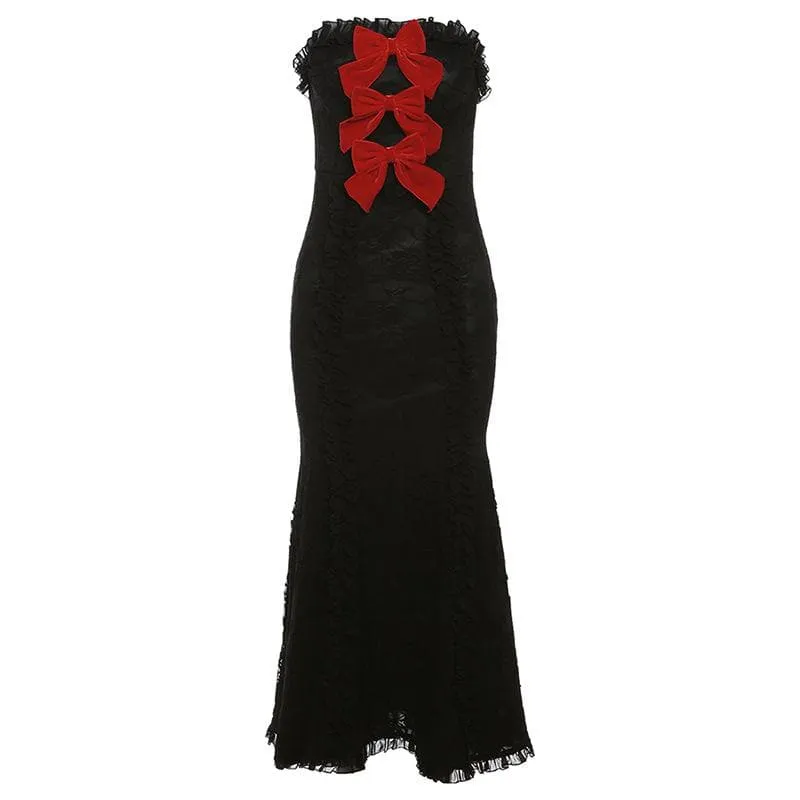 BerriesJam - Lace Bowknot Zip-Up Ruffle Backless Tube Maxi Dress