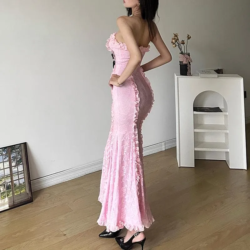 BerriesJam - Lace Bowknot Zip-Up Ruffle Backless Tube Maxi Dress