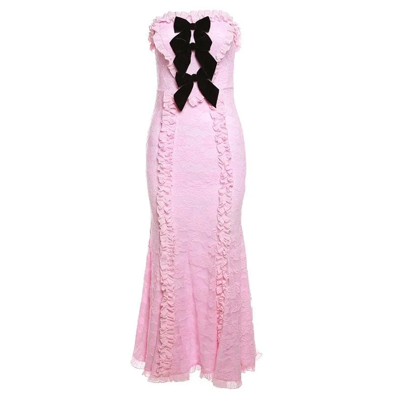 BerriesJam - Lace Bowknot Zip-Up Ruffle Backless Tube Maxi Dress