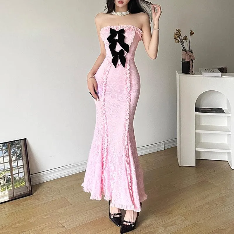 BerriesJam - Lace Bowknot Zip-Up Ruffle Backless Tube Maxi Dress