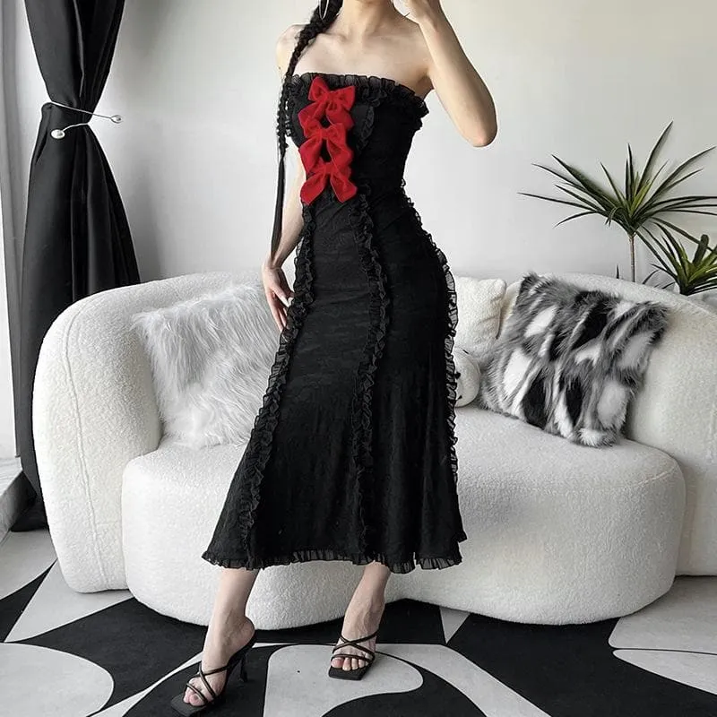 BerriesJam - Lace Bowknot Zip-Up Ruffle Backless Tube Maxi Dress