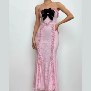 BerriesJam - Lace Bowknot Zip-Up Ruffle Backless Tube Maxi Dress