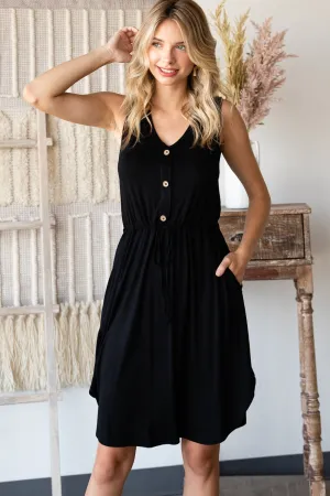 BLACK SLEEVELESS DRAWSTRING BUTTON DOWN DRESS