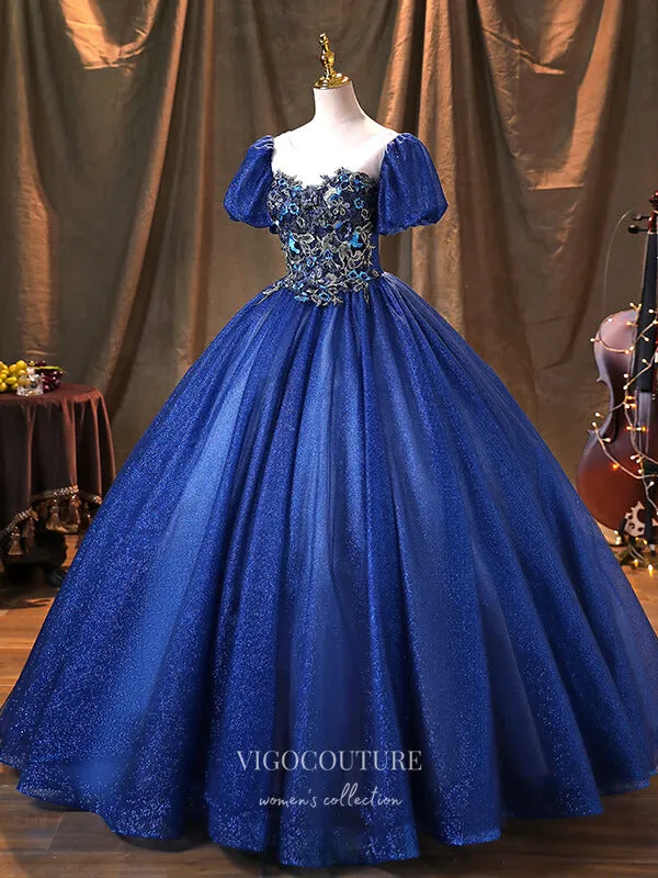 Blue Lace Applique Quinceanera Dresses Puffed Sleeve Sweet 15 Dresses 21369
