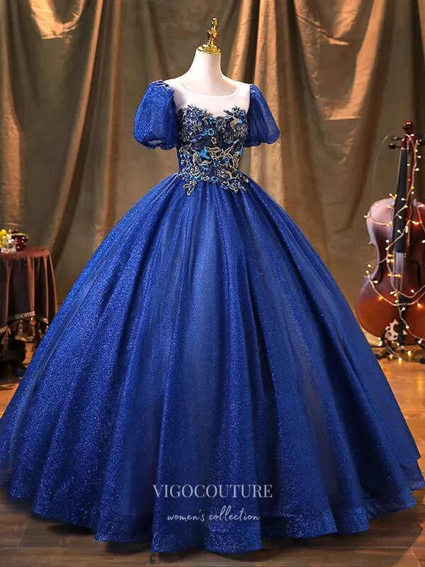 Blue Lace Applique Quinceanera Dresses Puffed Sleeve Sweet 15 Dresses 21369