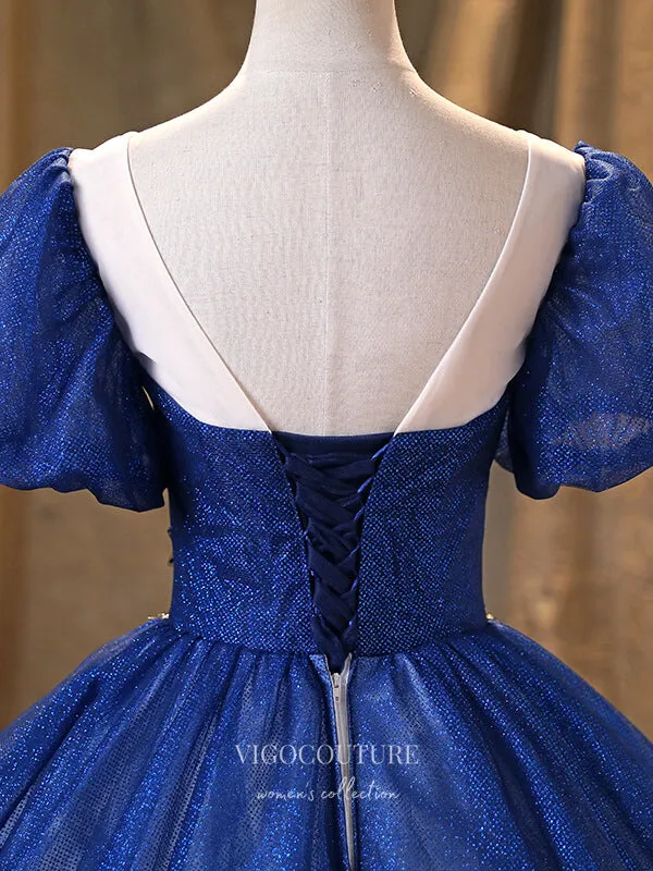 Blue Lace Applique Quinceanera Dresses Puffed Sleeve Sweet 15 Dresses 21369