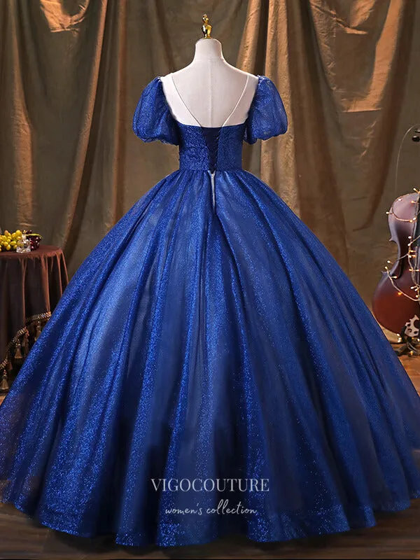 Blue Lace Applique Quinceanera Dresses Puffed Sleeve Sweet 15 Dresses 21369