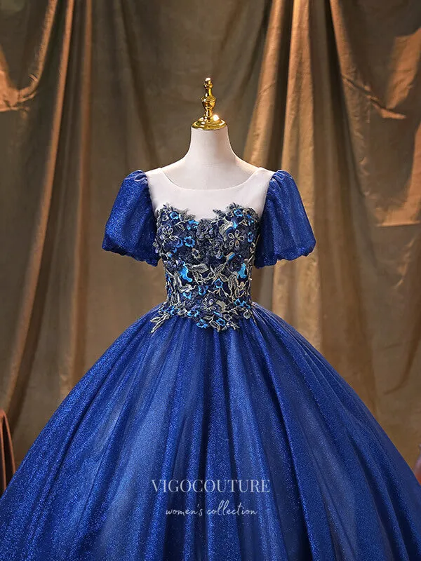 Blue Lace Applique Quinceanera Dresses Puffed Sleeve Sweet 15 Dresses 21369