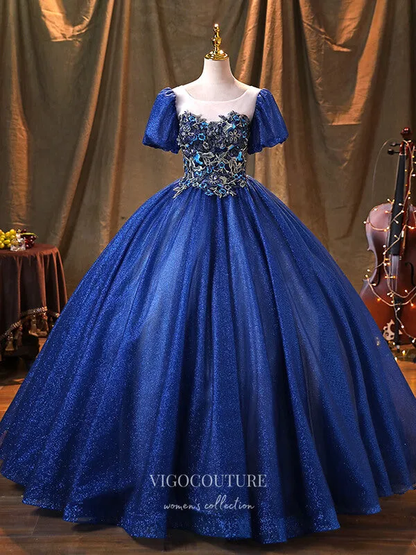 Blue Lace Applique Quinceanera Dresses Puffed Sleeve Sweet 15 Dresses 21369
