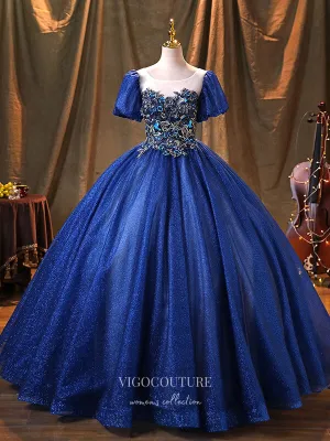 Blue Lace Applique Quinceanera Dresses Puffed Sleeve Sweet 15 Dresses 21369