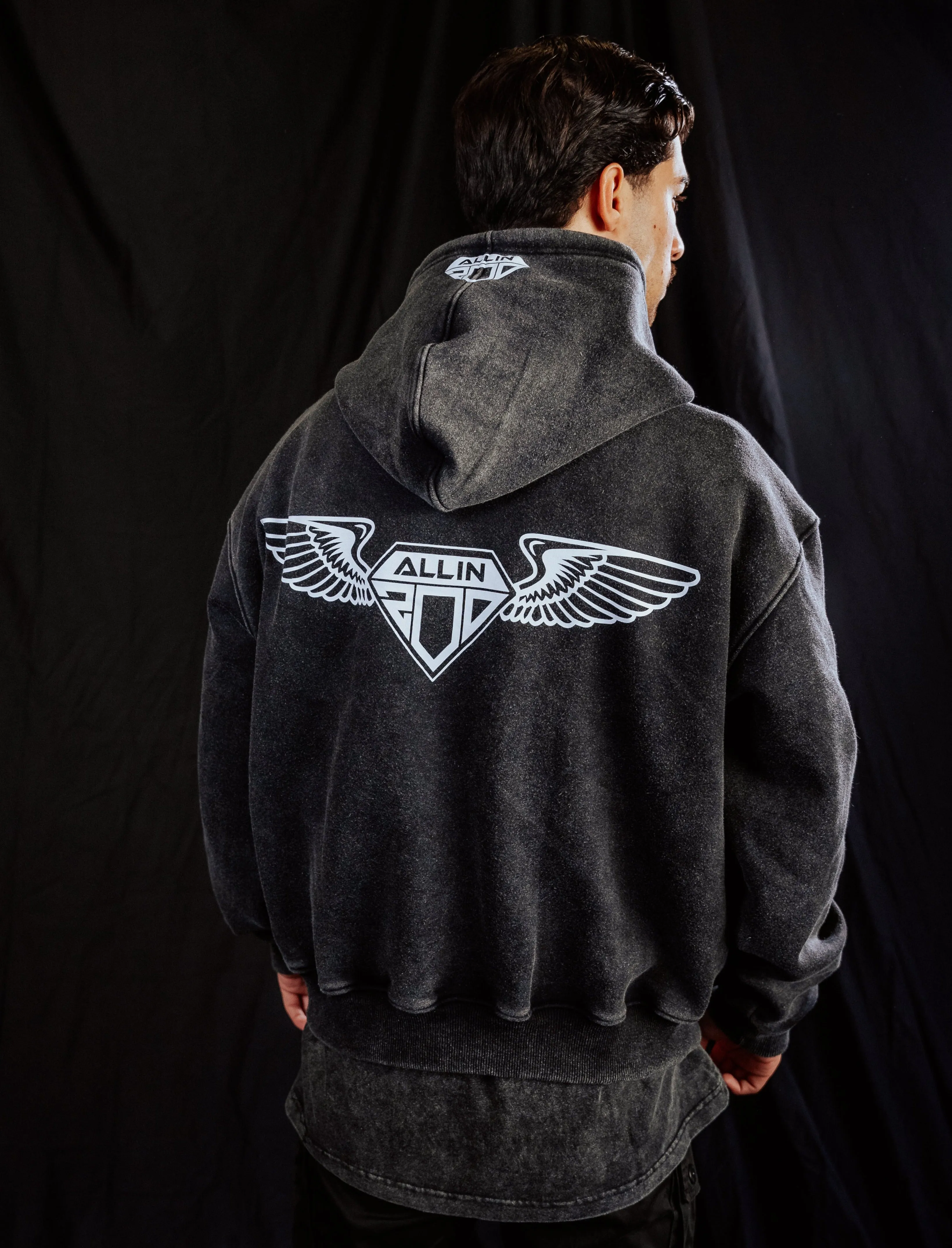 Bold Wings Oversize Zipper Hoodie Washed Grey