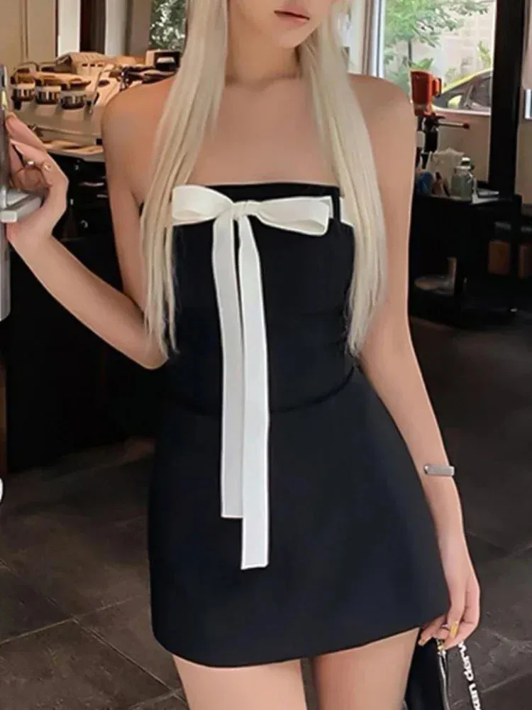 Bow Lace Up Splice Off The Shoulders Sexy Backless Street Slim Mini Dress