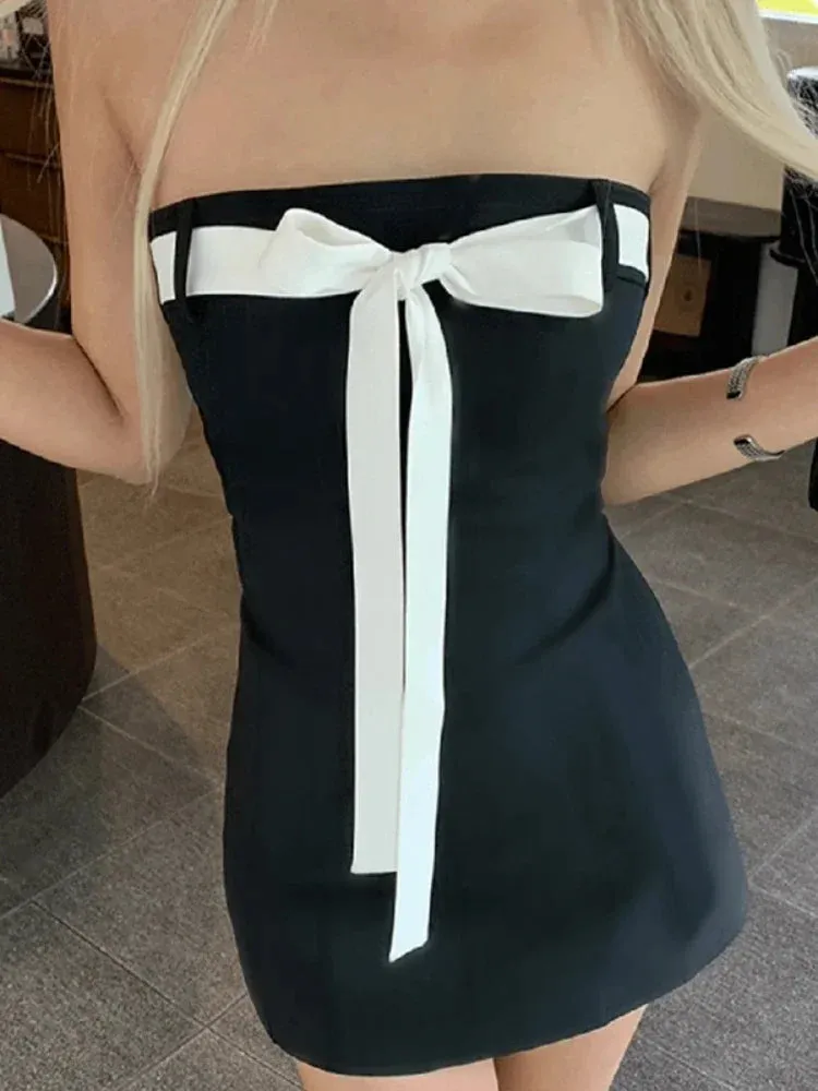 Bow Lace Up Splice Off The Shoulders Sexy Backless Street Slim Mini Dress