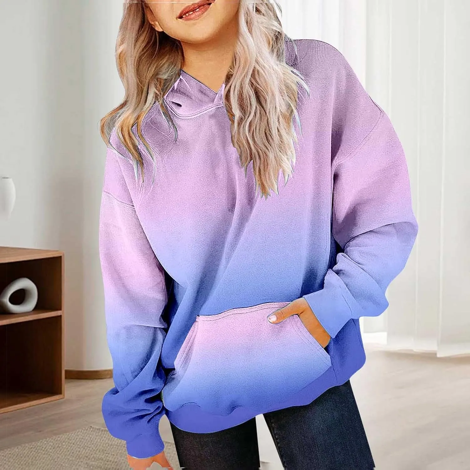 Cute Hoodies for Teen Girls Trendy Preppy Hooded Sweatshirts Oversized Long Sleeve Shirts Gradient Clothes for Girls