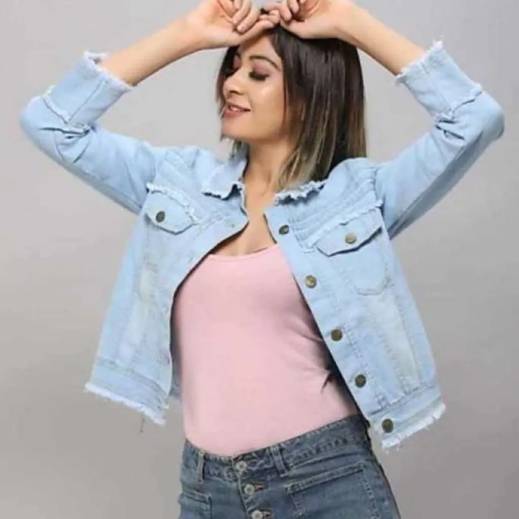 Denim Three Quarter Sleeve Jackets And Waistcoat For Women