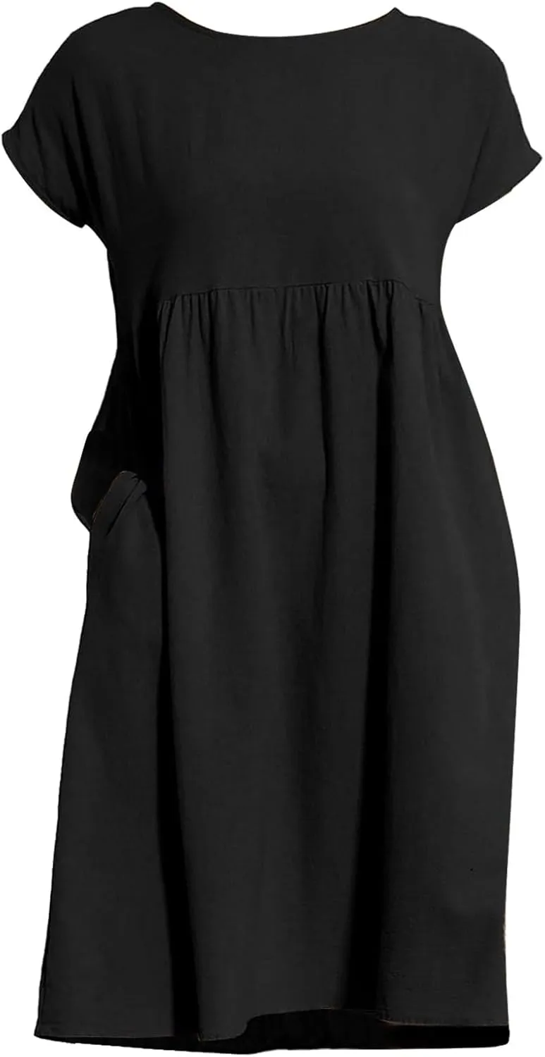 Dresses for Women 2024 Summer Casual Plus Size Short Sleeve Linen Midi Dress Trendy Loose Beach Sundress with Pockets