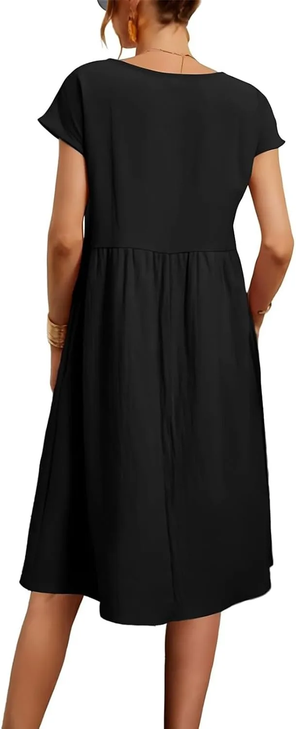 Dresses for Women 2024 Summer Casual Plus Size Short Sleeve Linen Midi Dress Trendy Loose Beach Sundress with Pockets