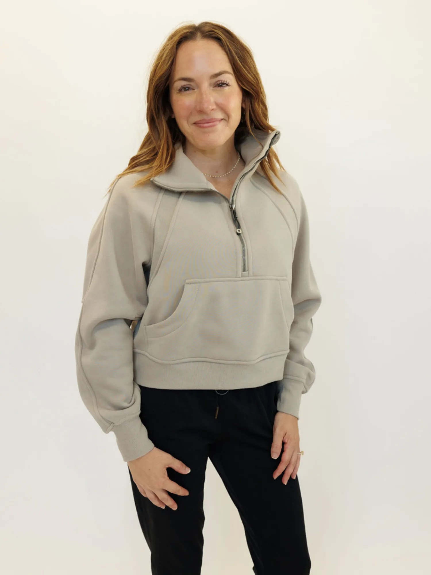 Earth Tone Brown "Ella" Fleece Lined Cropped Quarter Zip Pullover