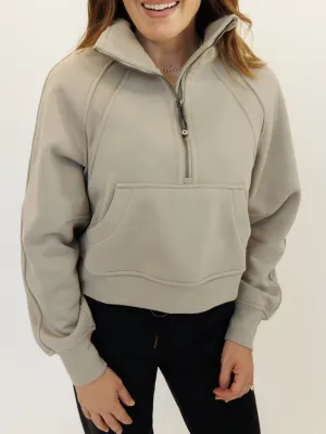 Earth Tone Brown "Ella" Fleece Lined Cropped Quarter Zip Pullover