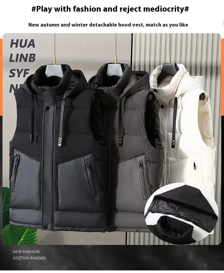 Fashion Trendy Men Cotton Vest Wholesale Winter Menswear New Disassembly Cap Men Cotton Waistcoat Outer Wear Vest Men