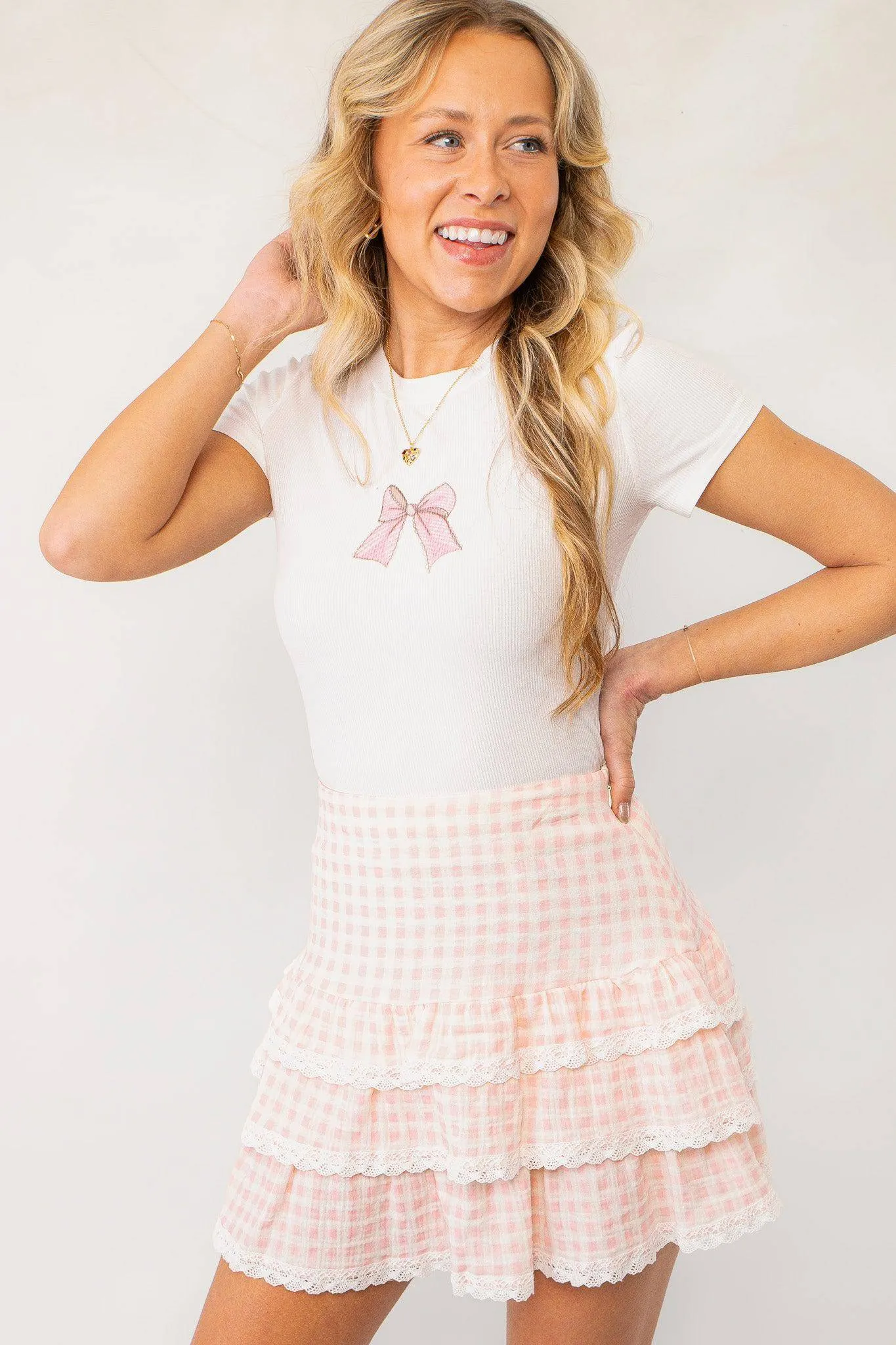 Flirty Occasion Pink Gingham Tiered Skirt