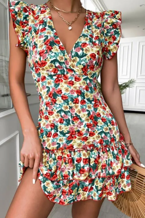 Flroal Ruffles V Neck Backless Mini Dress