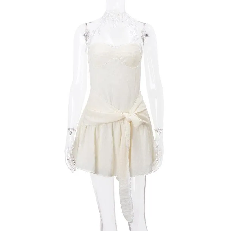 Halter sweetheart neck chiffon ruched bowknot zip-up mini dress