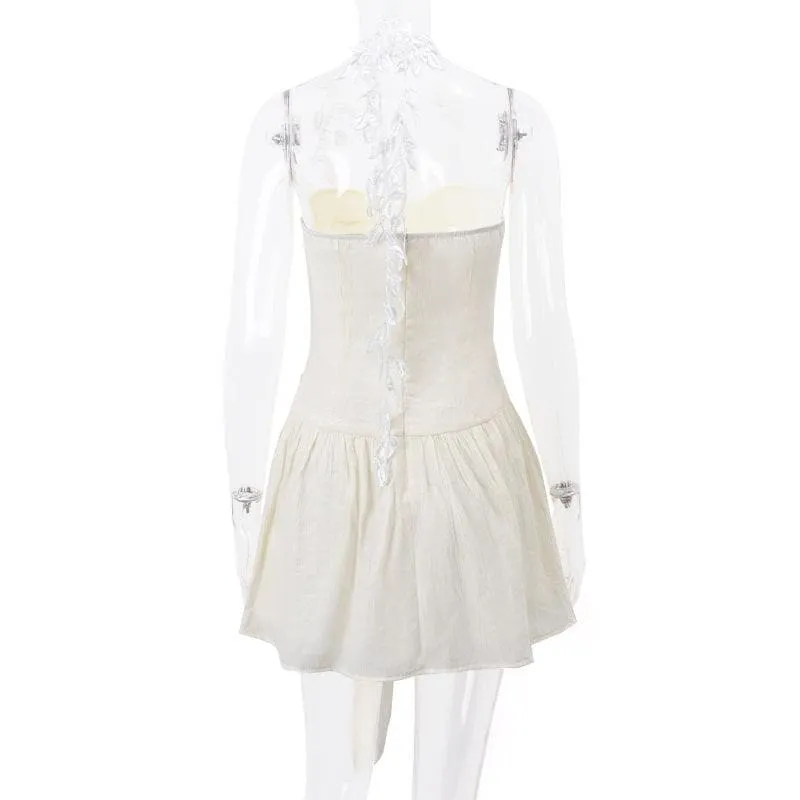 Halter sweetheart neck chiffon ruched bowknot zip-up mini dress