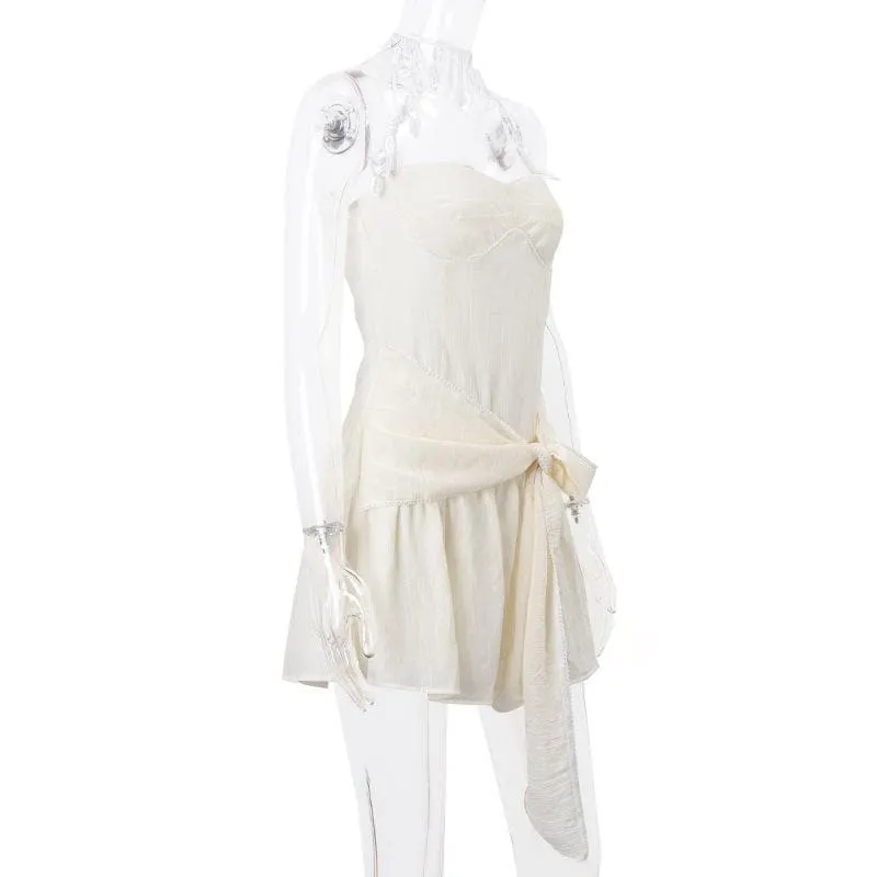 Halter sweetheart neck chiffon ruched bowknot zip-up mini dress