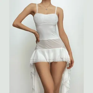 Lace patchwork square neck ruffle solid cami mini dress