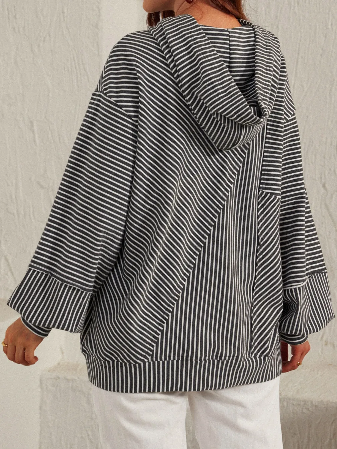 NicholesGifts Women Slit Drawstring Striped Long Sleeve Hoodie