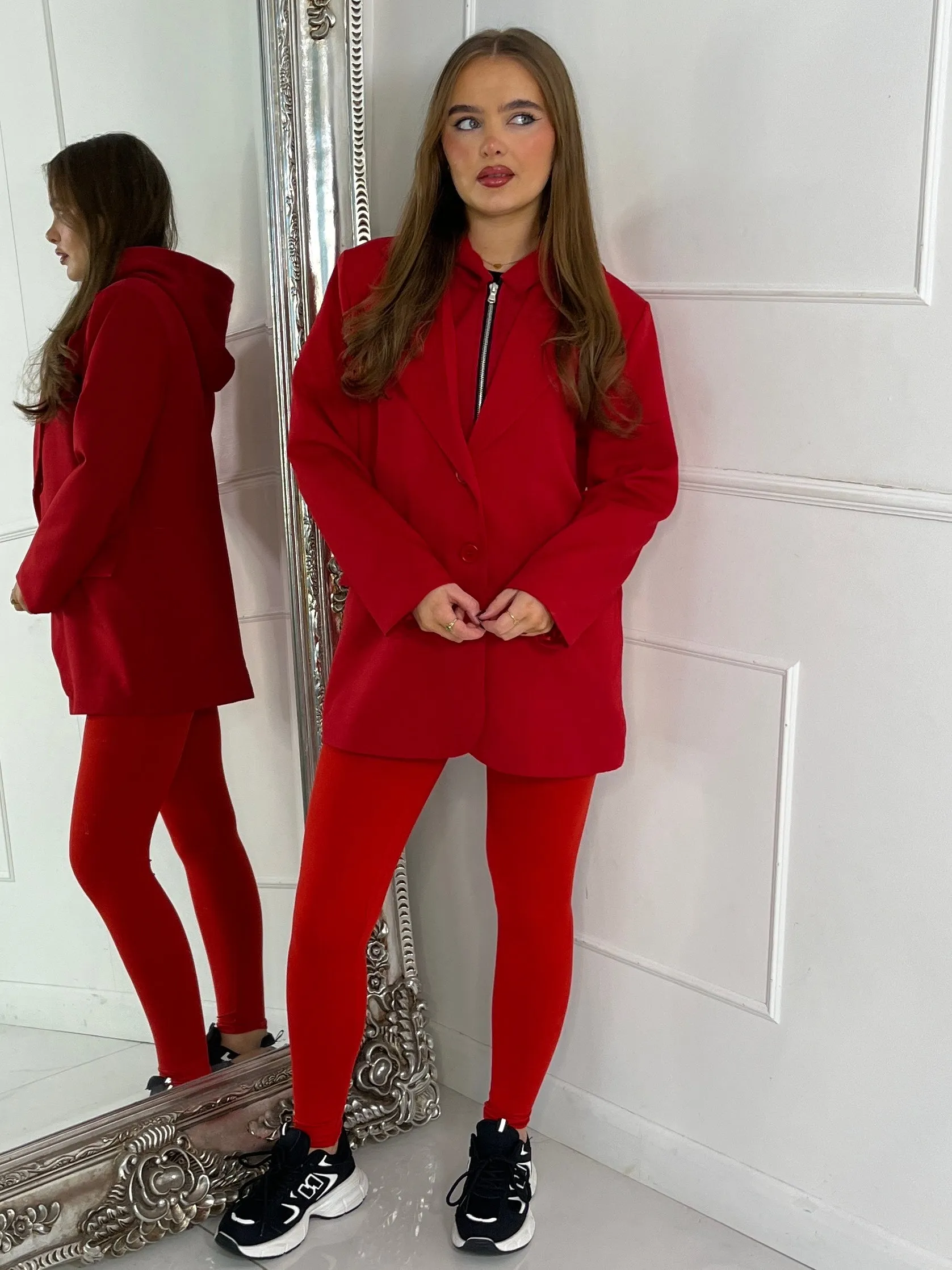 Oversized Blazer With Red Attached Hood - Red