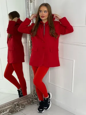 Oversized Blazer With Red Attached Hood - Red