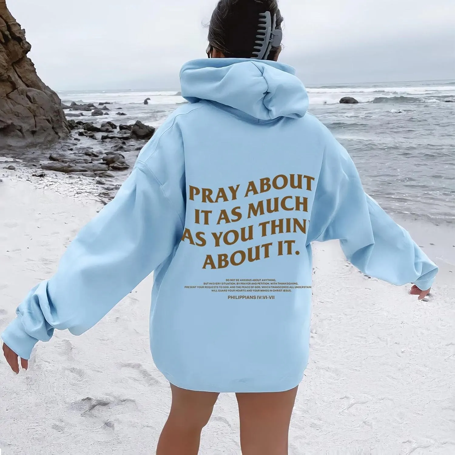 Oversized Hoodies For Women Pray About It As Much As You Think About It Letter Print Pullover Tops With Pocket Fall Winter