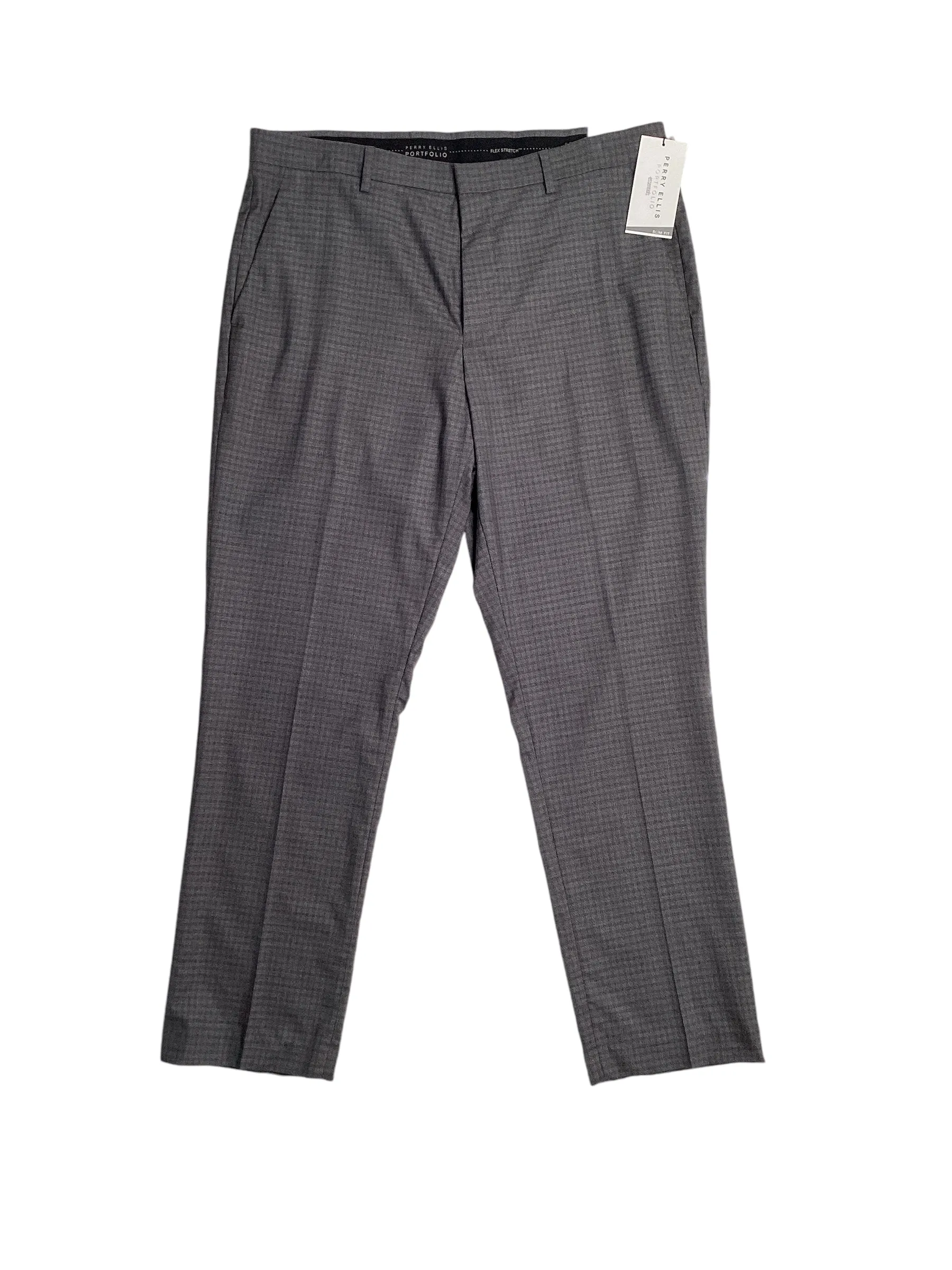 Perry Ellis Portfolio Mens Slim Fit Check Dress Charcoal 36 x 34