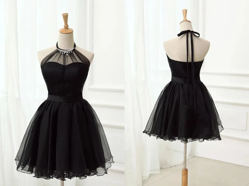 Promfast Cute Halter Black Tulle Sleeveless Beads Short Prom Dresses Homecoming Dresses PFH0359