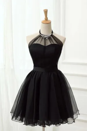 Promfast Cute Halter Black Tulle Sleeveless Beads Short Prom Dresses Homecoming Dresses PFH0359