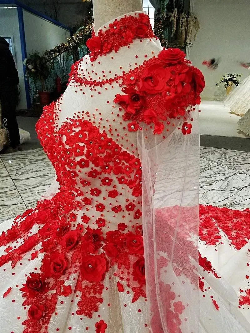 Red Patterns of Lace A-line High Neck Formal Evening Dress