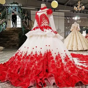 Red Patterns of Lace A-line High Neck Formal Evening Dress