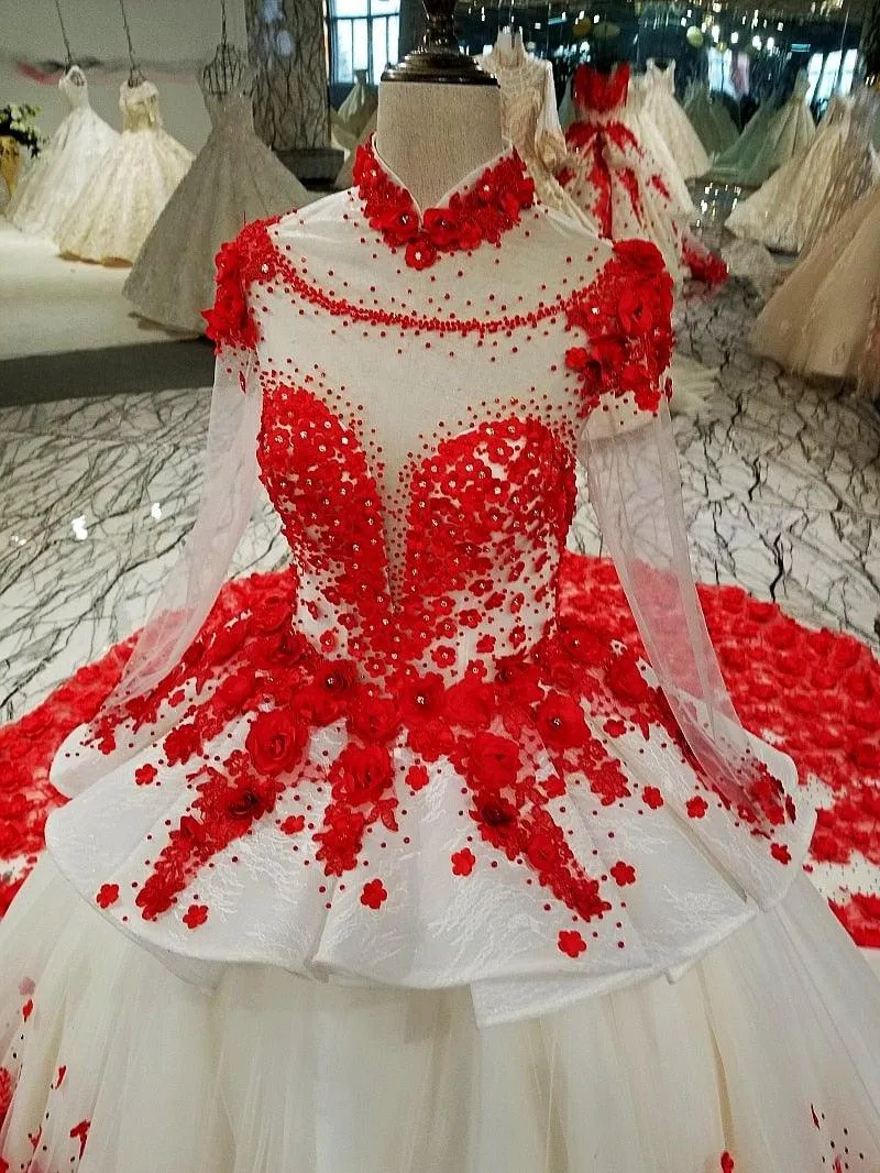 Red Patterns of Lace A-line High Neck Formal Evening Dress