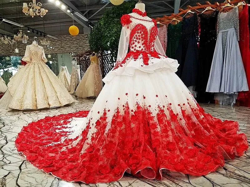 Red Patterns of Lace A-line High Neck Formal Evening Dress